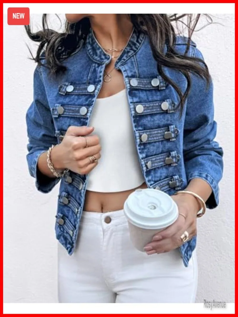 Women's Military Denim Jacket Long Sleeve Stand Collar Double Breasted Button